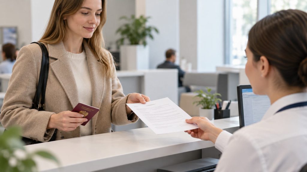 Представитель передаёт документы сотруднику провайдера для подключения домашнего интернета